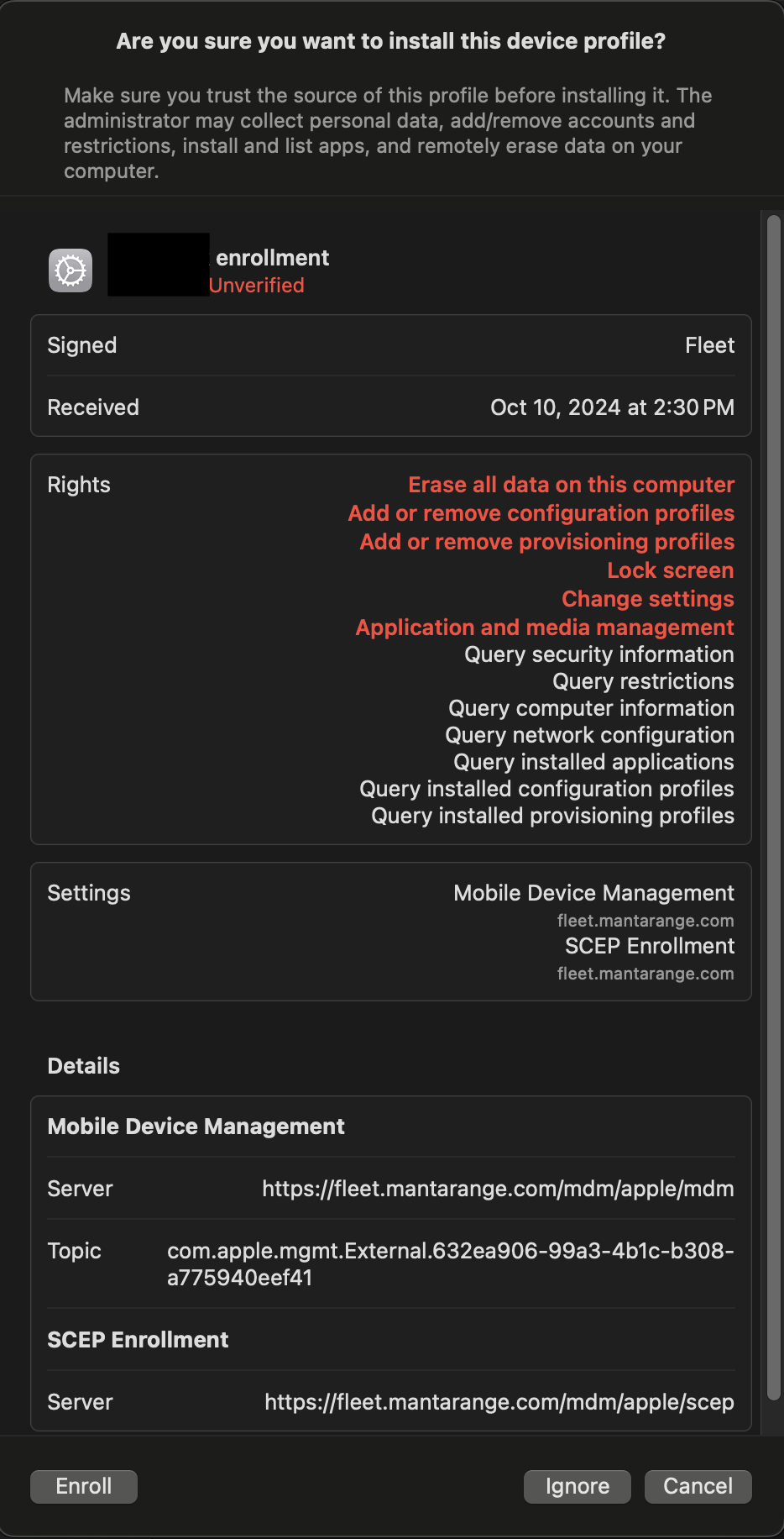 Review and enroll MDM profile screen