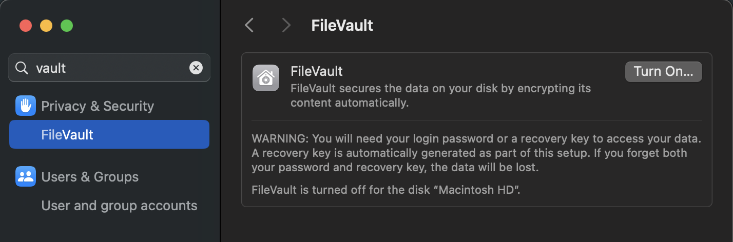 FileVault Settings macOS