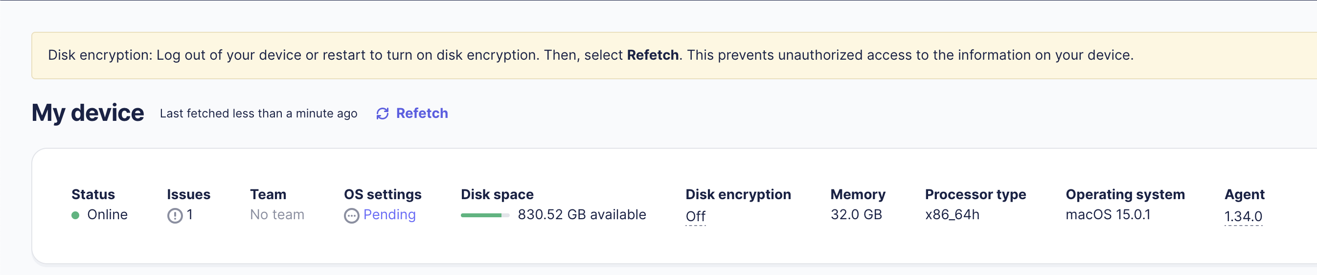 Fleet my device page disk encryption prompt to enable